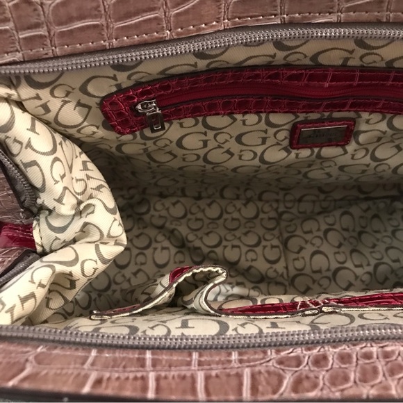 GUESS CALVINA Logo Croco Patent Leather Handbag Purse Satchel Taupe/Multi - Picture 12 of 16